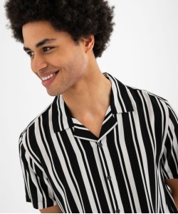 Chemise manches courtes et col cubain en viscose rayée homme